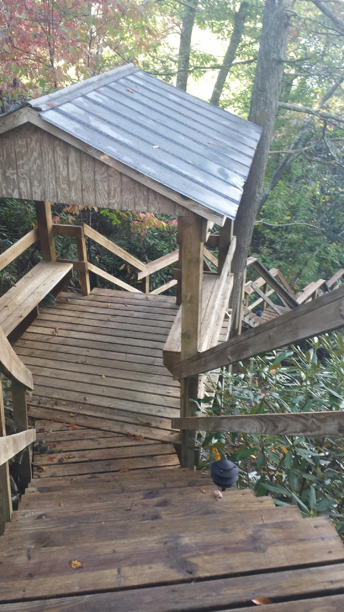 Metal roofed shelter over wooden steps on a wooded walkway — Skylight Repair & Installation work by our crew in Mead